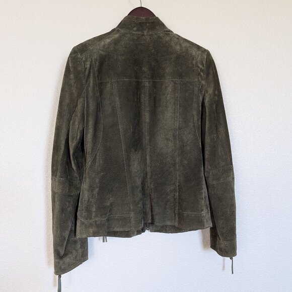 Alfani Leather Suede Short Boho Biker Standup Neck Jacket Dark Olive Green - Picture 9 of 14